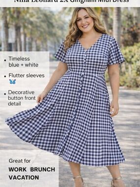 Nina Leonard 2X Gingham Midi Dress Blue White Button Front Flutter Sleeve 21x45